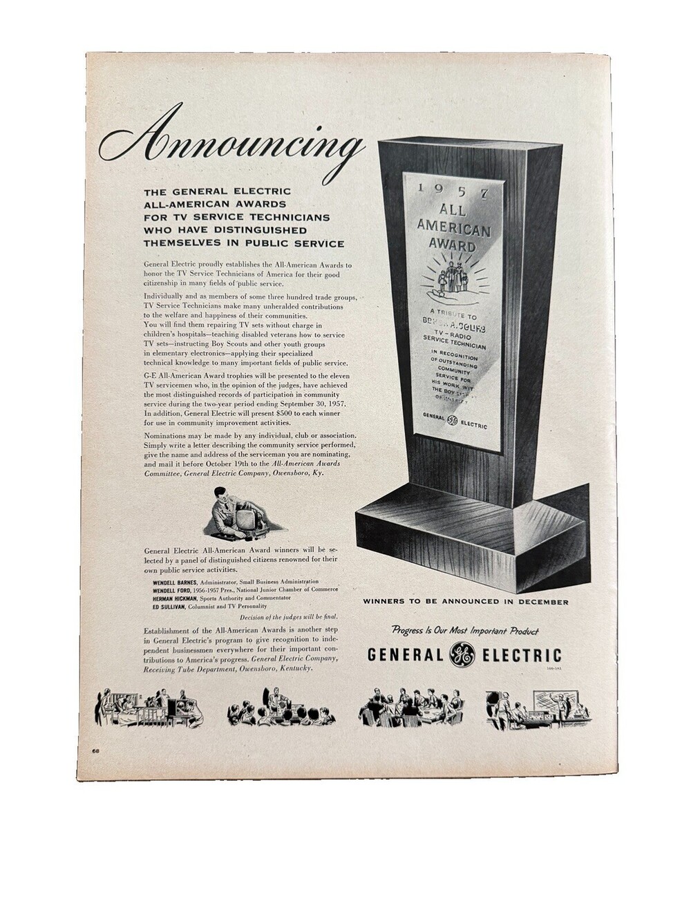 1957 General Electric Print Ad All-American Awards For TV Service Technicians
